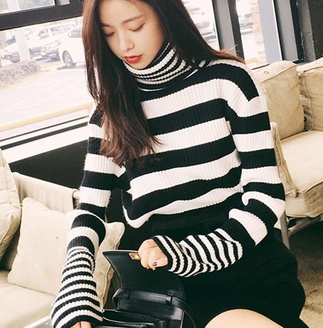 Striped Turtleneck Knitted Sweater by White Market