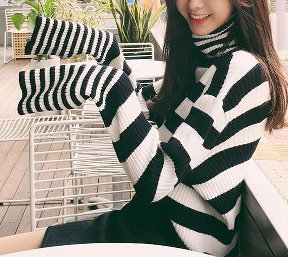 Striped Turtleneck Knitted Sweater by White Market