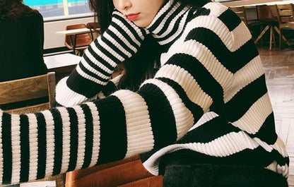 Striped Turtleneck Knitted Sweater by White Market