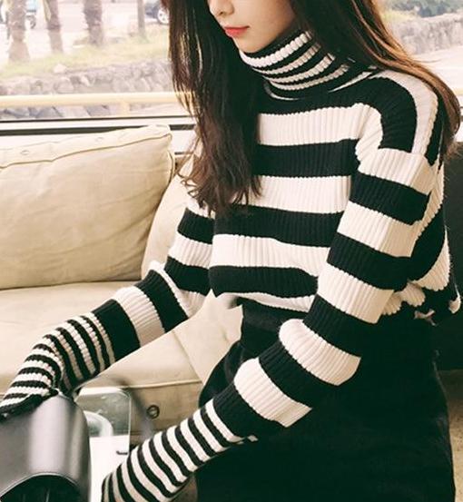 Striped Turtleneck Knitted Sweater by White Market