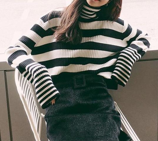 Striped Turtleneck Knitted Sweater by White Market