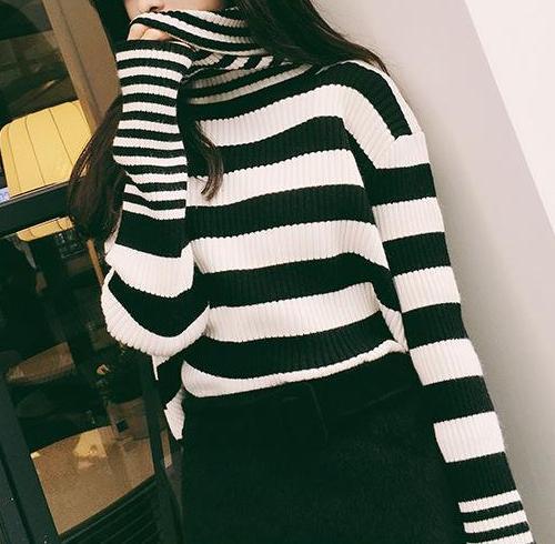 Striped Turtleneck Knitted Sweater by White Market