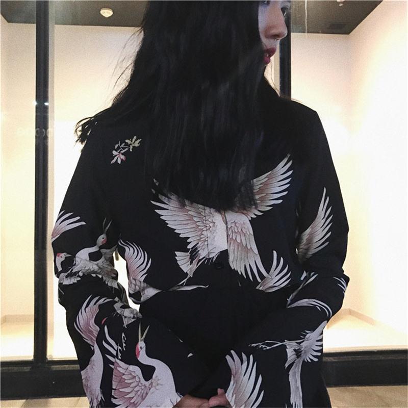 Printed Oriental Crane Button Up by White Market