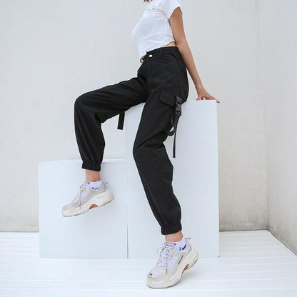 High Waisted Black Nylon Cargo Pants by White Market