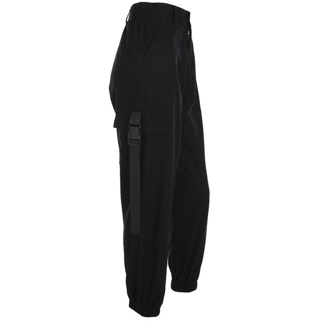 High Waisted Black Nylon Cargo Pants by White Market