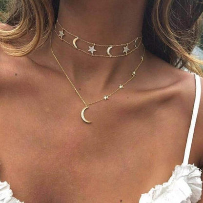 Moon And Stars Choker Necklace 2 Pc Set by White Market