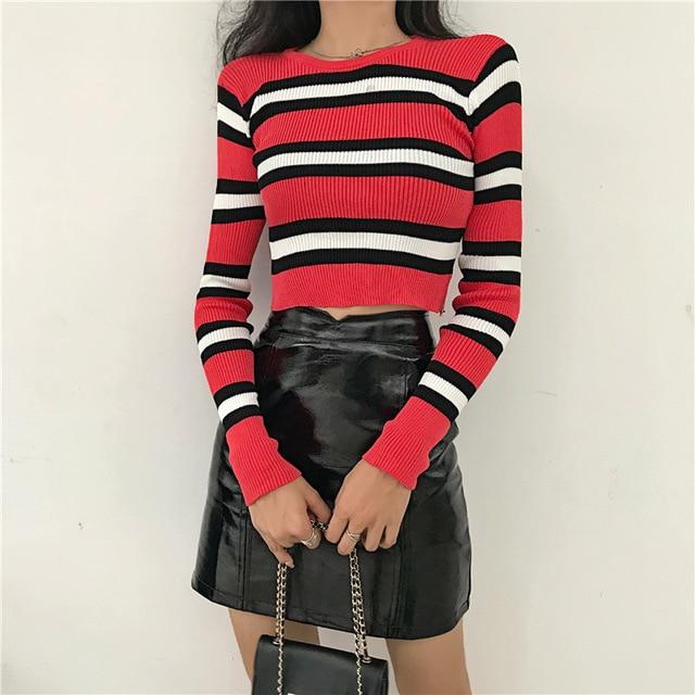 Striped Ribbed Racer Sweater by White Market