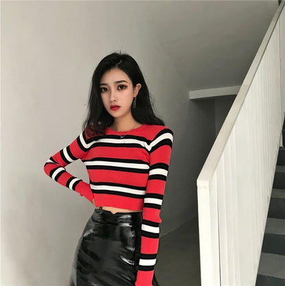 Striped Ribbed Racer Sweater by White Market