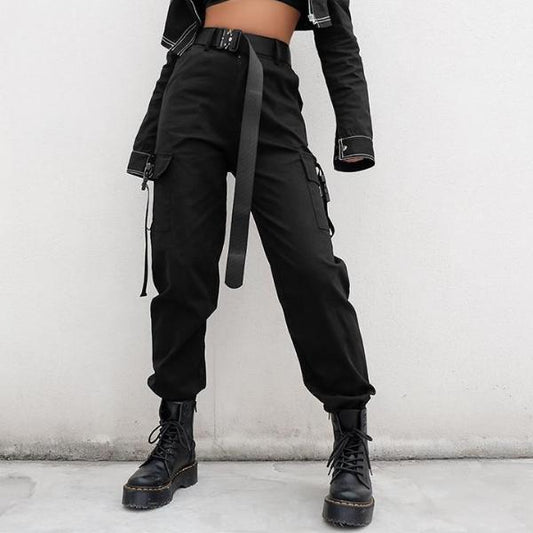 High Waisted Black Nylon Cargo Pants by White Market