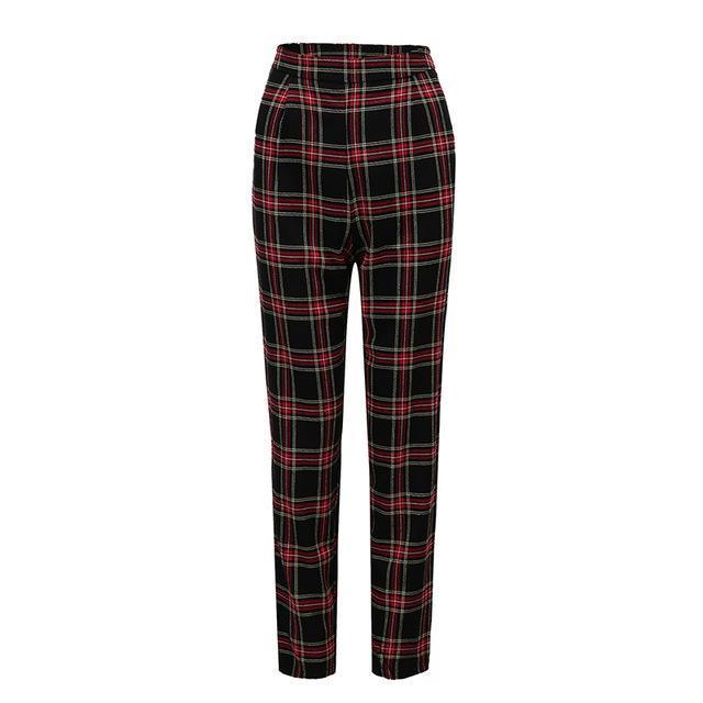 High Waist Cotton Plaid Trousers by White Market