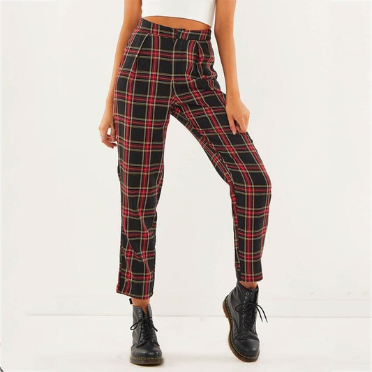 High Waist Cotton Plaid Trousers by White Market