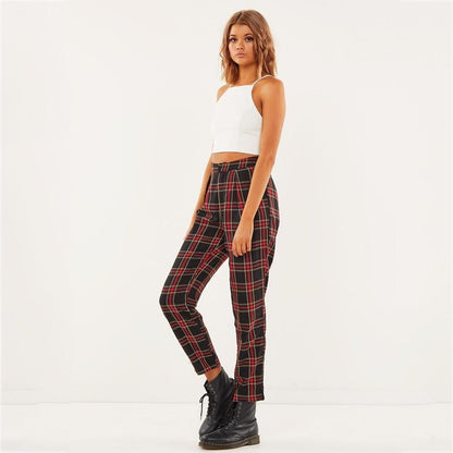 High Waist Cotton Plaid Trousers by White Market