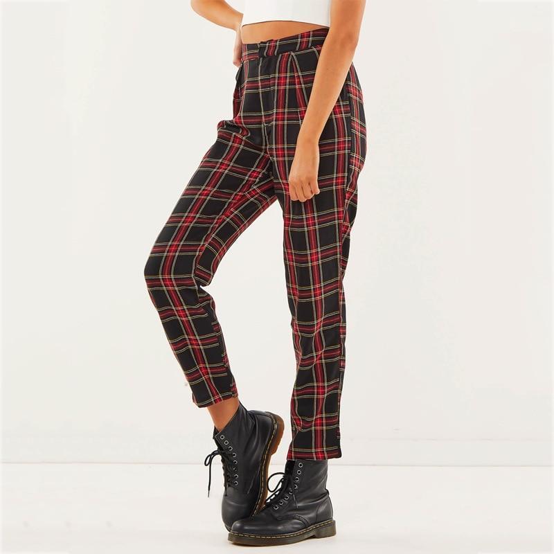 High Waist Cotton Plaid Trousers by White Market