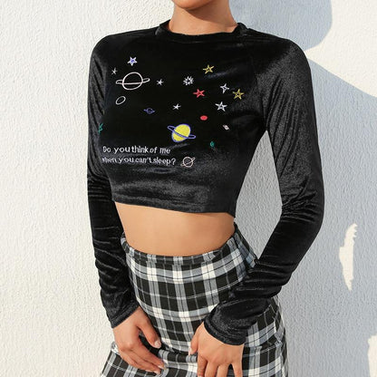 "Do You Think Of Me When You Can't Sleep" Cropped Velvet Top by White Market