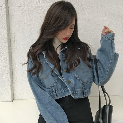 Cropped Buttoned Denim Jacket by White Market