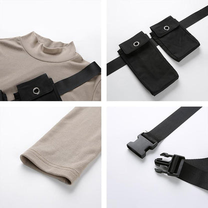 Khaki Turtleneck With Detachable Tactical Shoulder Bags by White Market