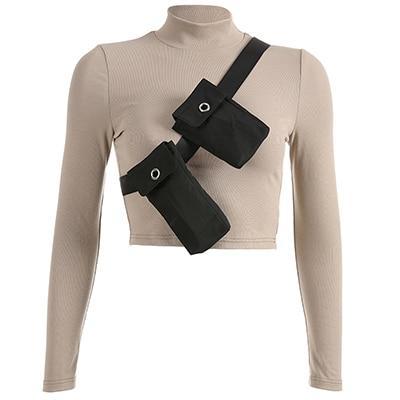 Khaki Turtleneck With Detachable Tactical Shoulder Bags by White Market