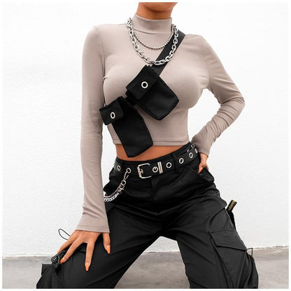 Khaki Turtleneck With Detachable Tactical Shoulder Bags by White Market