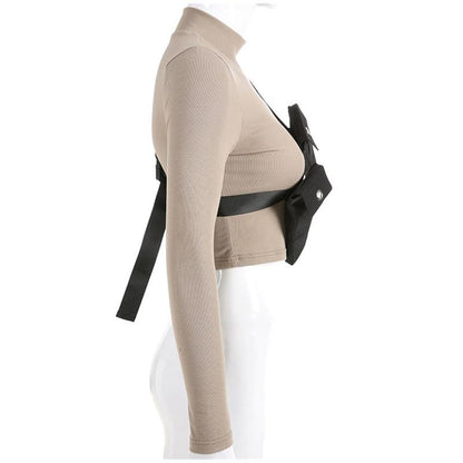 Khaki Turtleneck With Detachable Tactical Shoulder Bags by White Market