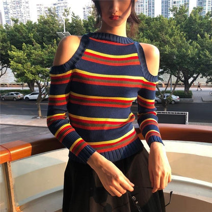 Cut Shoulder Striped Knit Sweater by White Market