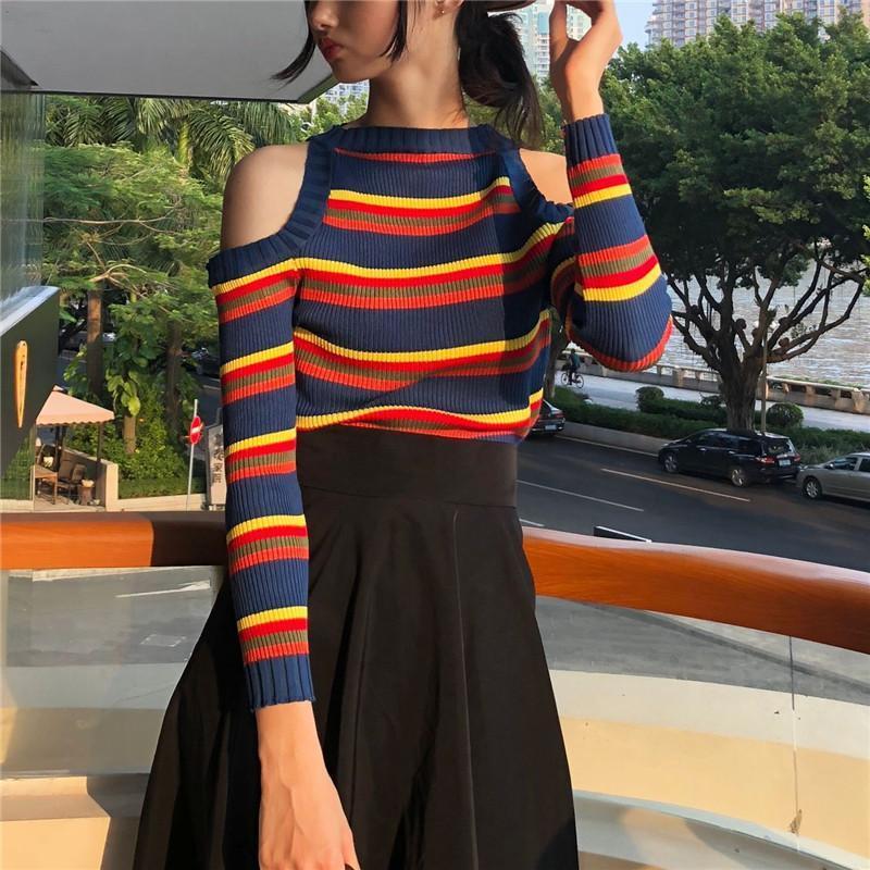 Cut Shoulder Striped Knit Sweater by White Market