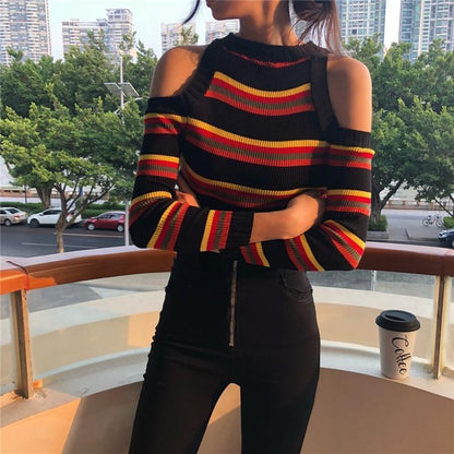 Cut Shoulder Striped Knit Sweater by White Market