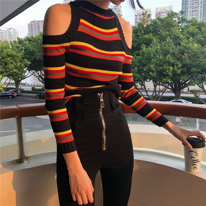 Cut Shoulder Striped Knit Sweater by White Market