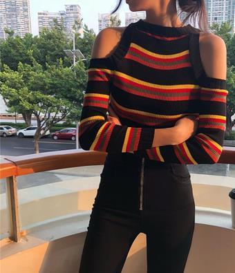 Cut Shoulder Striped Knit Sweater by White Market