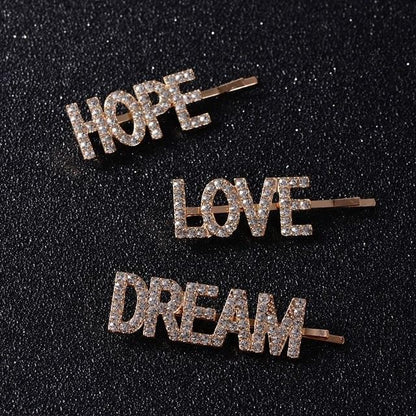 LOVE HOPE DREAM Crystal Hair Clips (3pc Set) by White Market