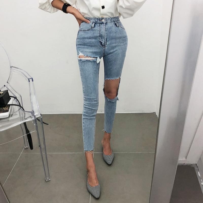 High Waisted Cut Knee Distressed Jeans by White Market