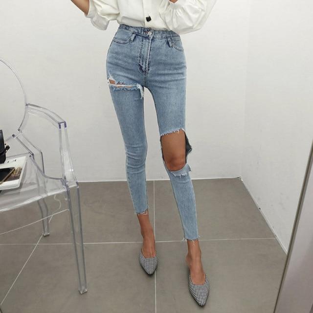 High Waisted Cut Knee Distressed Jeans by White Market