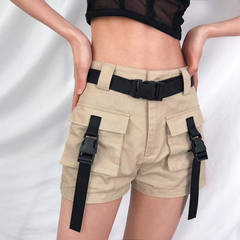 High Waisted Khaki Buckled Cargo Shorts by White Market