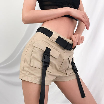 High Waisted Khaki Buckled Cargo Shorts by White Market