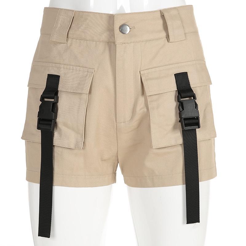 High Waisted Khaki Buckled Cargo Shorts by White Market