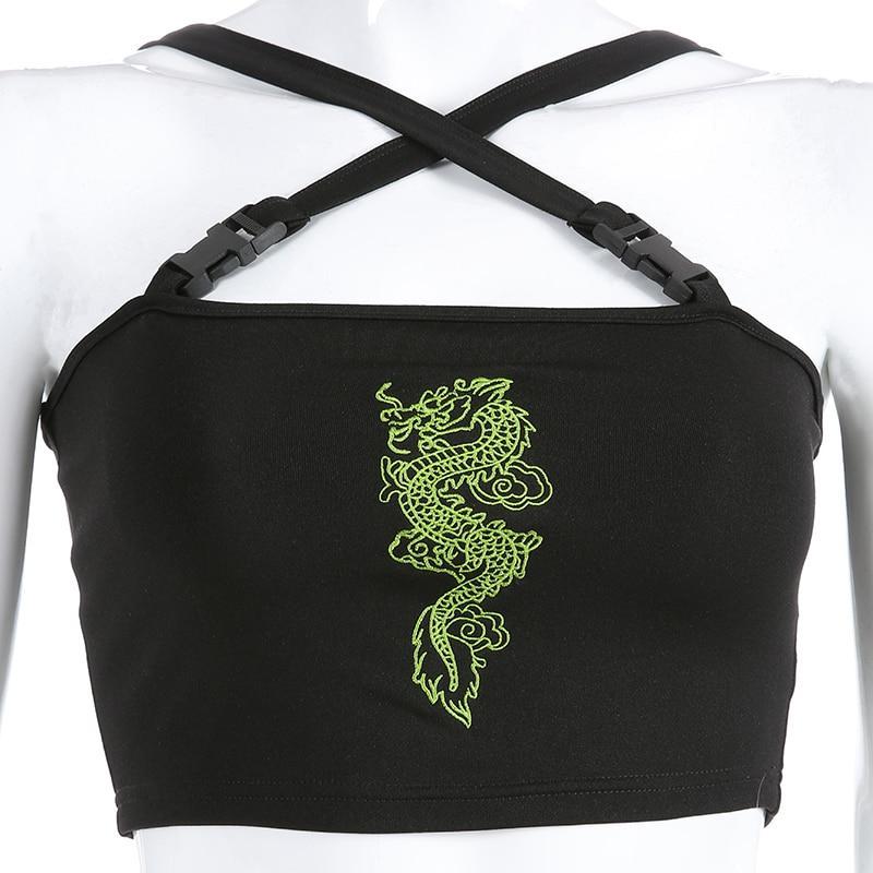 Dragon Embroidered Buckle Crop Top by White Market