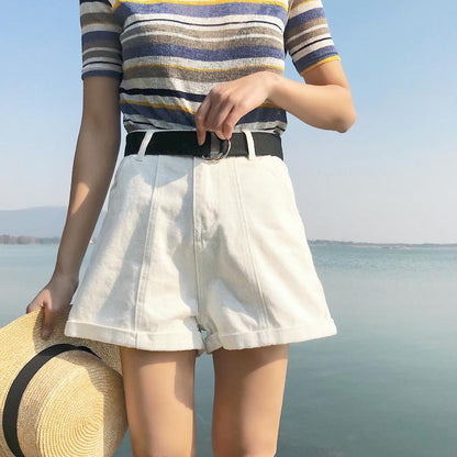 High Waisted Pleated Denim Shorts by White Market