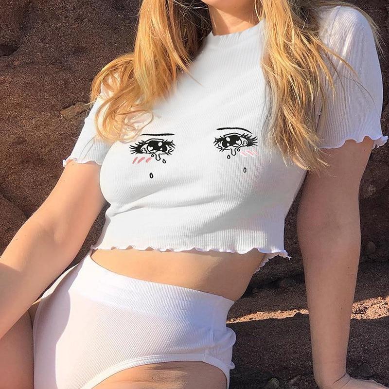 Anime Eyes Ribbed Top by White Market