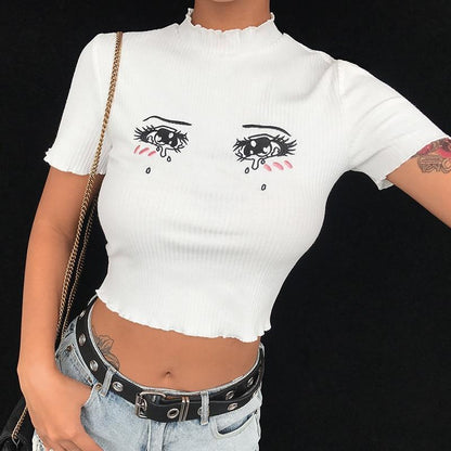 Anime Eyes Ribbed Top by White Market