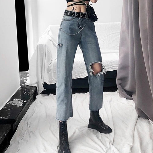 High Waisted Cut And Ripped Straight Leg Jeans by White Market