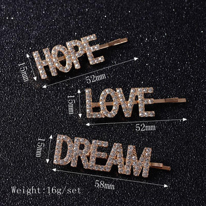 LOVE HOPE DREAM Crystal Hair Clips (3pc Set) by White Market