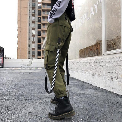 High Waisted Cargo Pants With Detachable Caution Straps by White Market