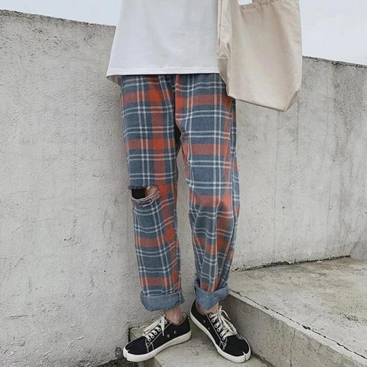 Distressed Plaid Trousers by White Market