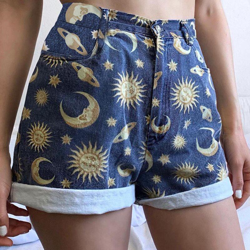 Sun Moon Stars Printed Denim Shorts by White Market