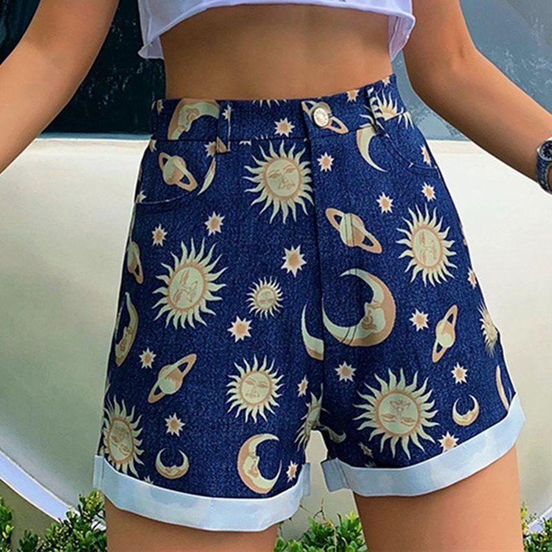 Sun Moon Stars Printed Denim Shorts by White Market