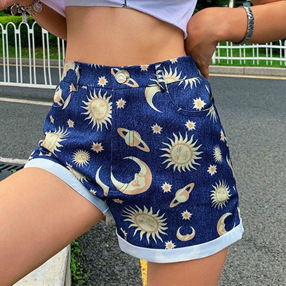 Sun Moon Stars Printed Denim Shorts by White Market