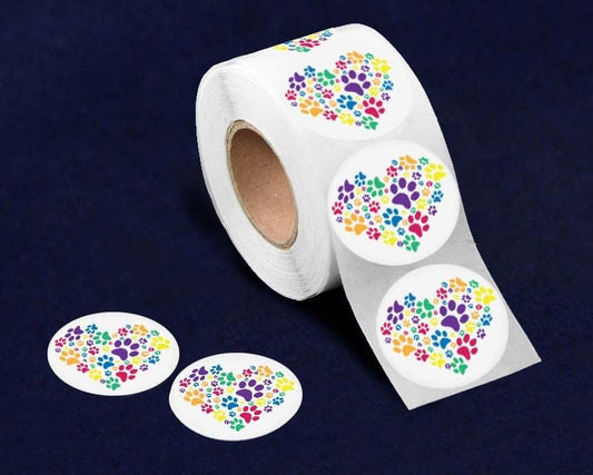 Roll Rainbow Paw Print Heart Stickers (250 Per Roll) by Fundraising For A Cause