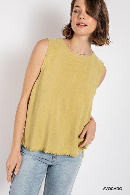 Sleeveless back button closure frayed top by VYSN