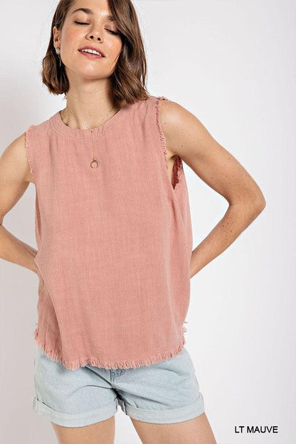 Sleeveless back button closure frayed top by VYSN