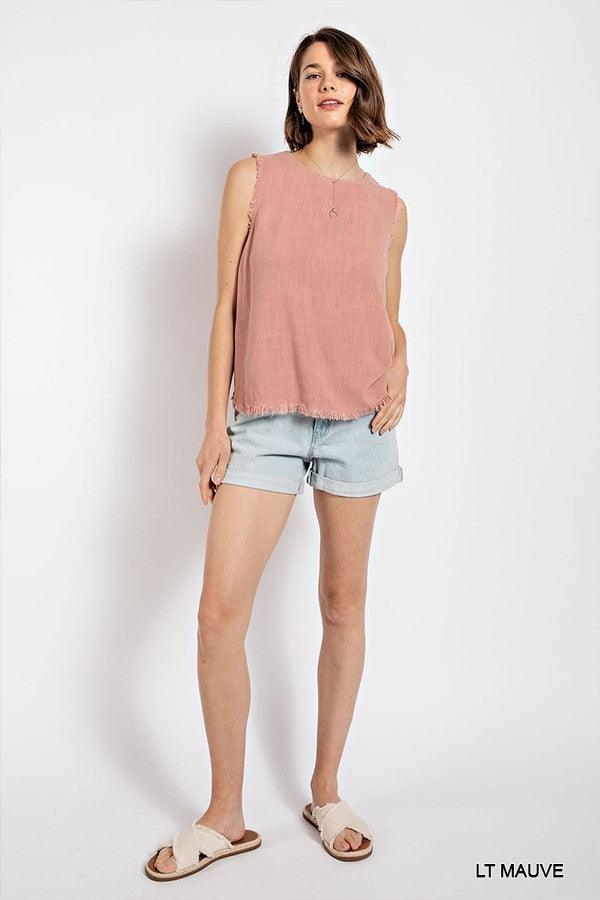 Sleeveless back button closure frayed top by VYSN