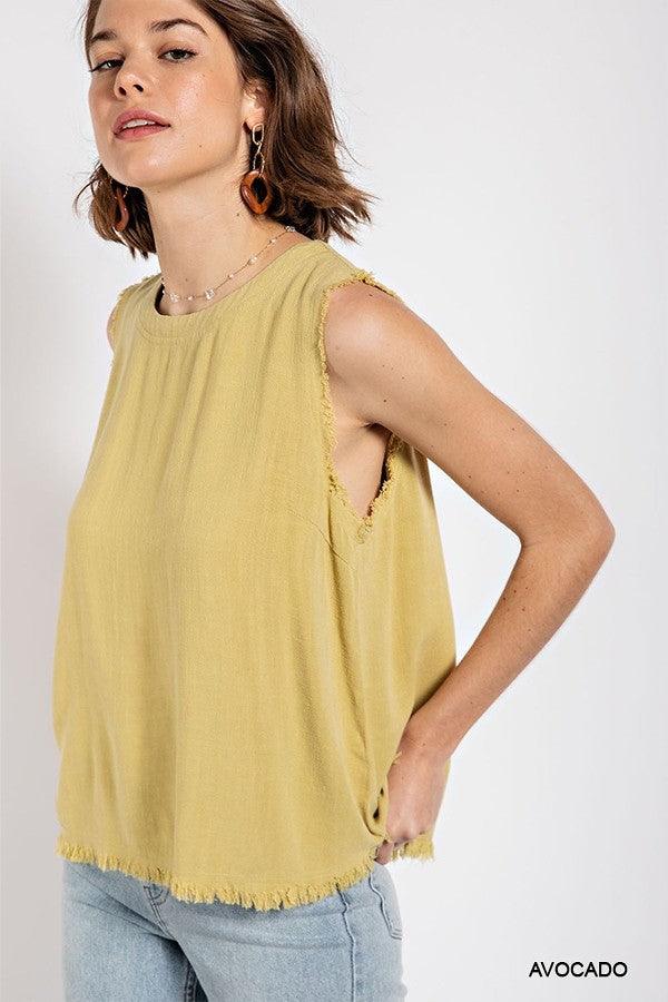 Sleeveless back button closure frayed top by VYSN